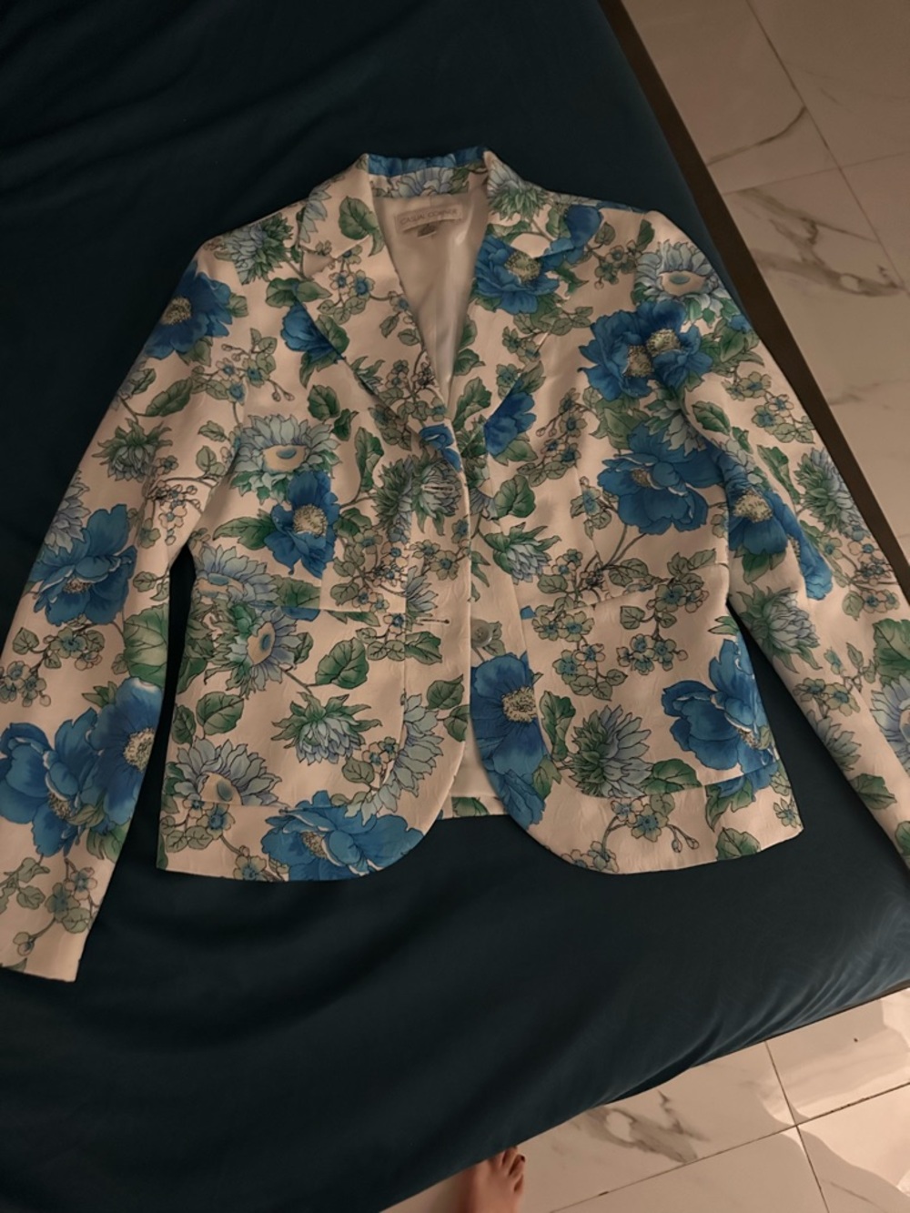 Casual Corner White Blazer with Blue & Green Floral Print